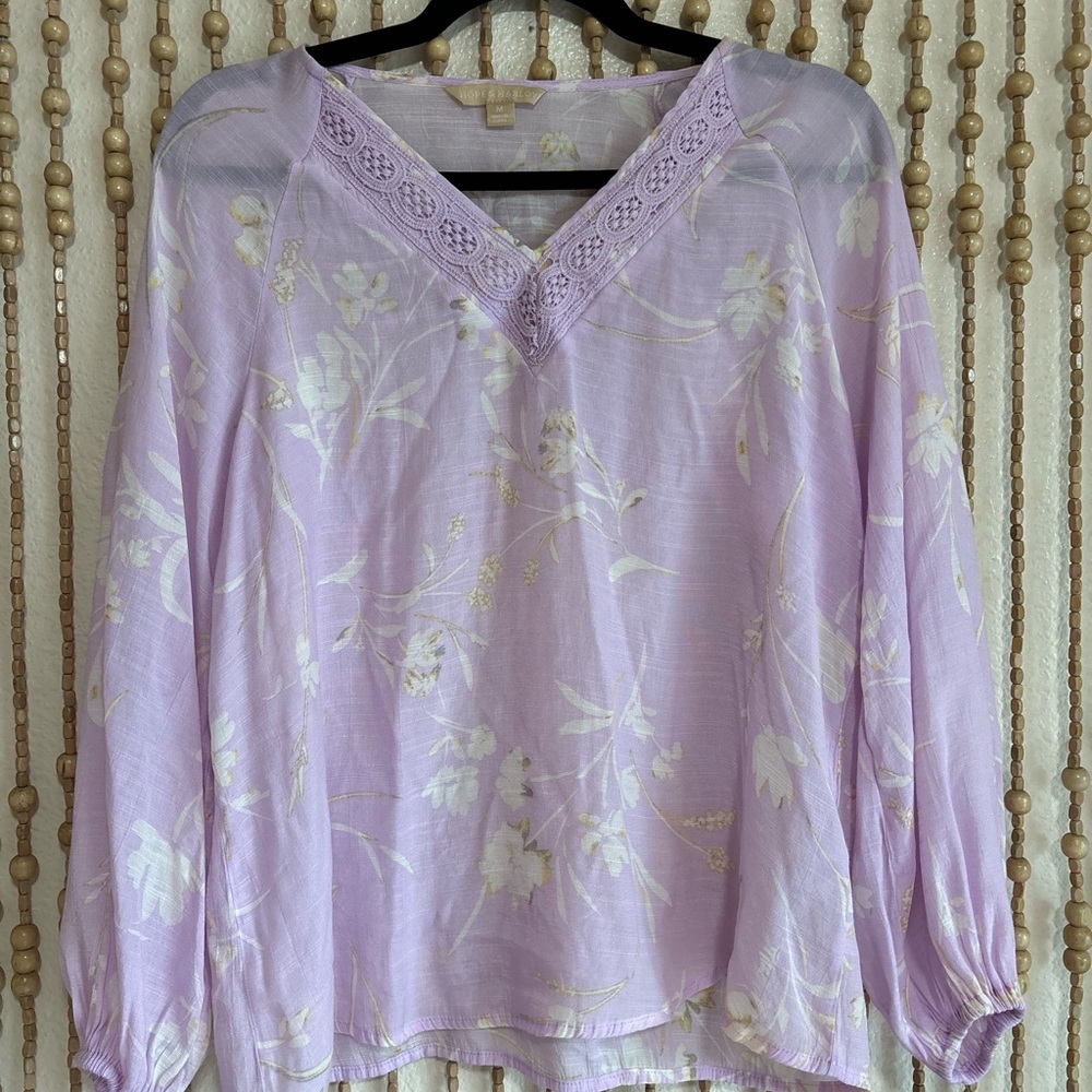 Country Cottage Floral Lace Trim Loose Fit V Neck Lightweight Blouse Top Med